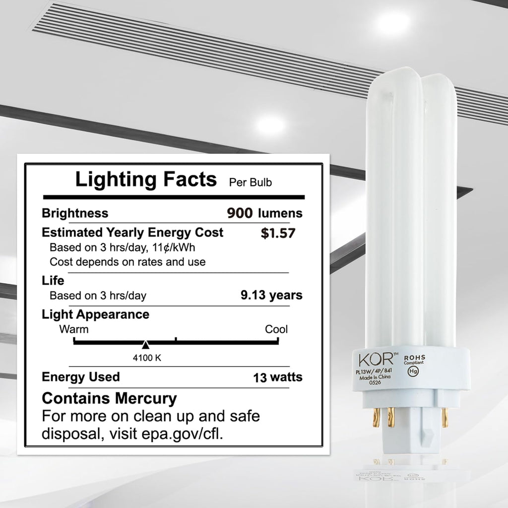 13W Double Tube CFL Light Bulbs, G24Q-1 4-Pin, 4100K Cool White, 4 Pack