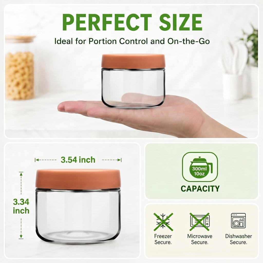 10 oz Small Glass Containers with Lids, Food Storage Jars, 6pk