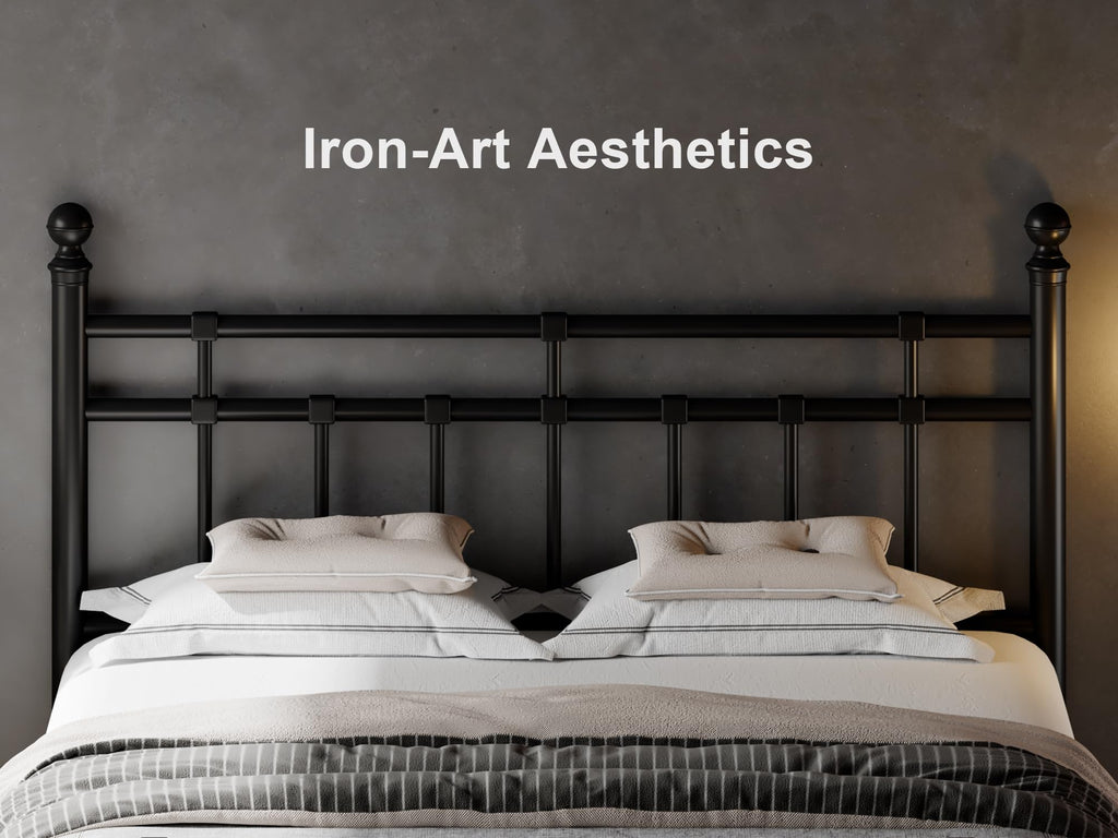 Metal Platform Bed Frame with Victorian Classic Iron-Art Headboard & Footboard, Steel Slats Support, 12" Under
