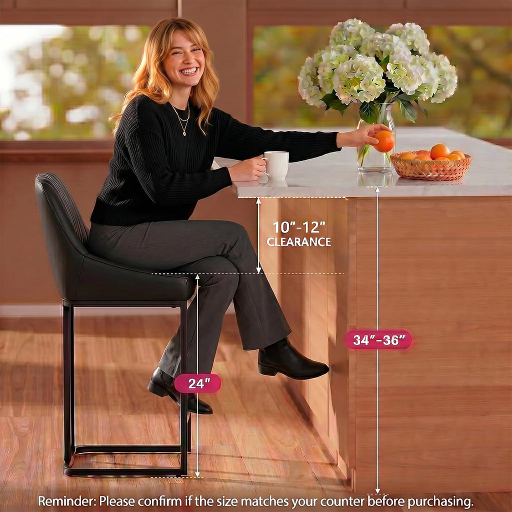 Bar Stools Set of 4, 24" Black Leather Counter Height Bar Stools | Bar Stools with Exquisite Stitching Back, 300lbs