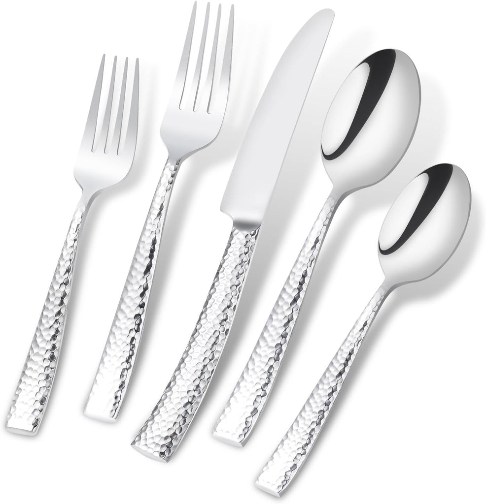 Flatware Silverware Set Hammered Mirror Polished Stainless Steel 20-Piece Set