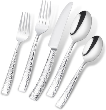Flatware Silverware Set Hammered Mirror Polished Stainless Steel 20-Piece Set