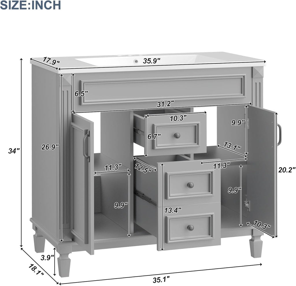 36” Bathroom Vanity with Sink, Freestanding Single Bathroom Sink Vanity Cabinet Set with 36” Countertop & Integrated