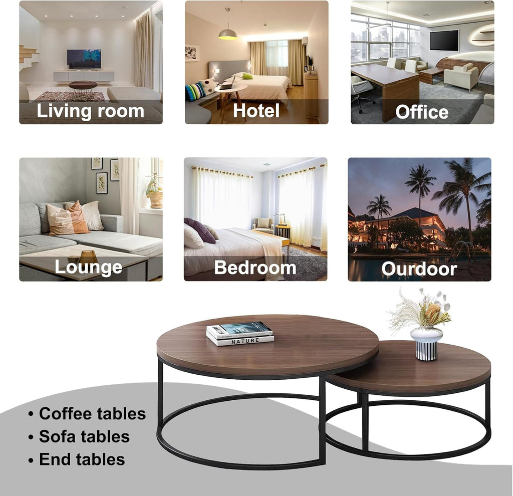 Round Nesting Coffee Set of 2, Modern Minimalist Accent Tables, Stackable Side Tables (Walnut)