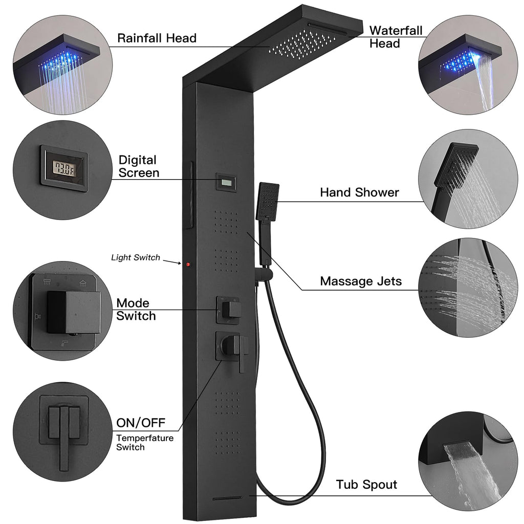 Black Shower Panel, Bathroom Shower Panel Tower System with Temperature Display Wall Mount