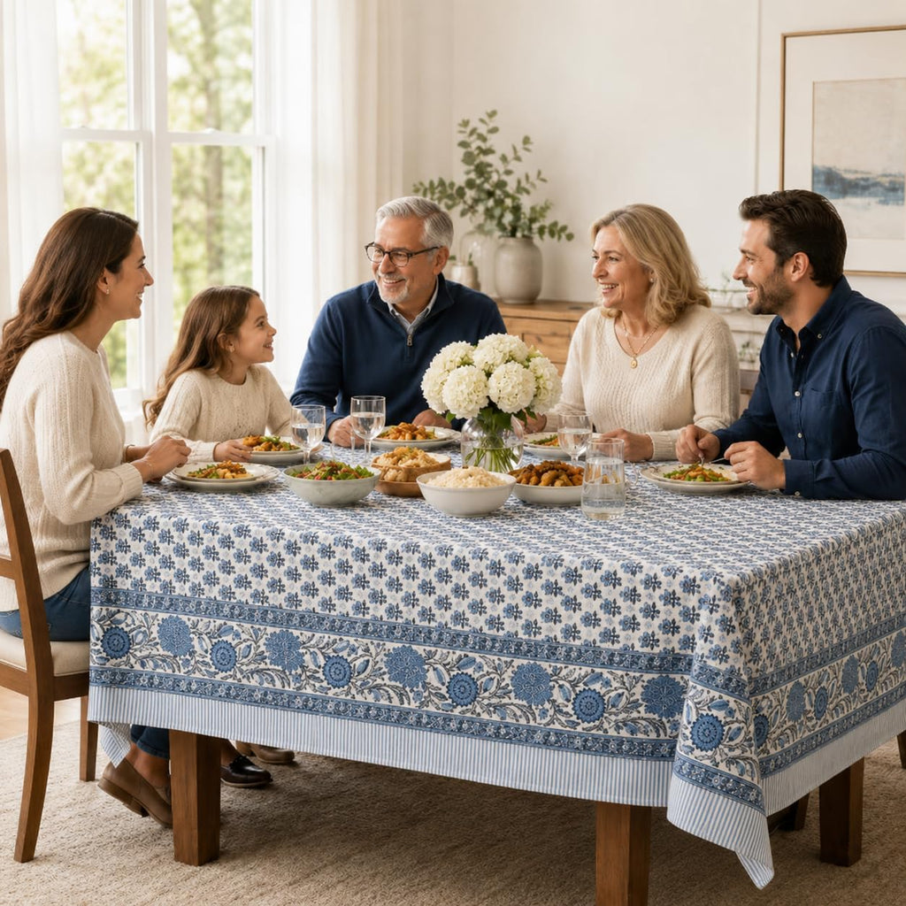 Cotton Rectangular Fall Tablecloth, Handblock Floral Linen Table Cloth Dining Table I Parties Weddings Outdoors