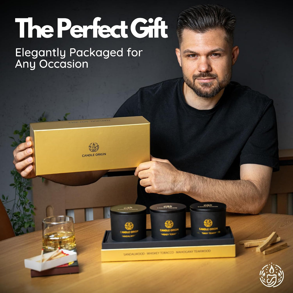 Luxury Candles for Men Gift Set (3×10oz) Masculine Scented Candles | Mahogany Teakwood, Whiskey Tobacco, Sandalwood