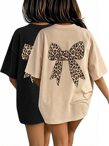 Girl's Bow Leopard Graphic Tees 2 Pack Summer Tops