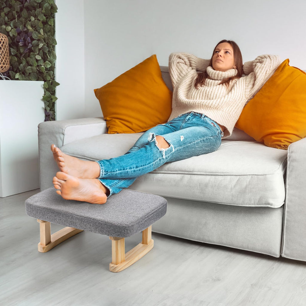 Small Footstool Ottoman, Rectangle Fabric Foot Stool Rest with Wooden Legs and Non-Slip Soft Padding, Modern