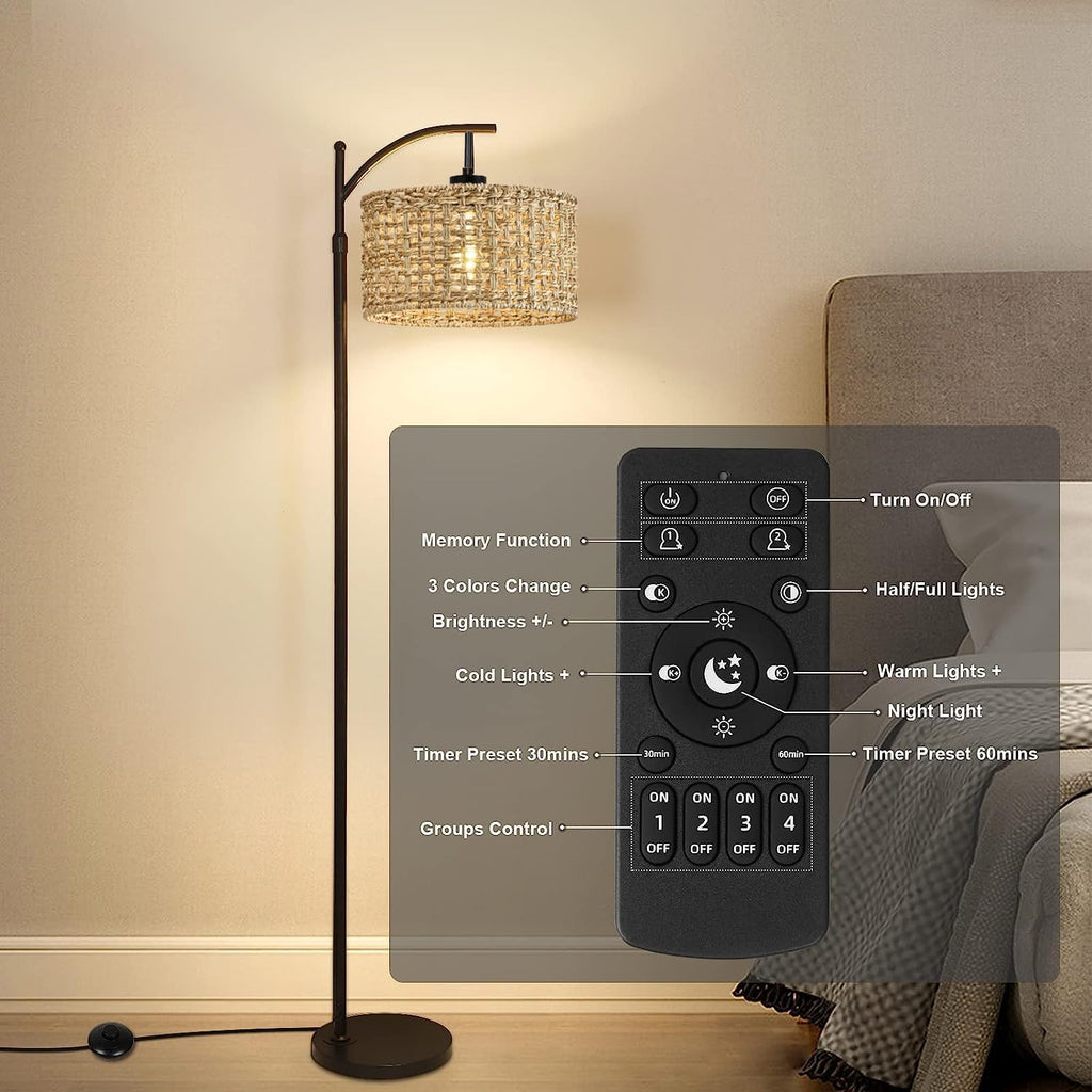 Arc Floor Lamp with Remote Control,Farmhouse Boho Floor Lamps with 3 Color Temperature