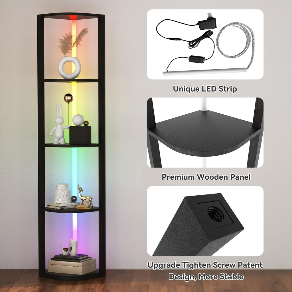 5 Tiers Corner Shelf with Light Tall Display Shelf for Collectibles Control Multiple Color Lights via APP and Remote