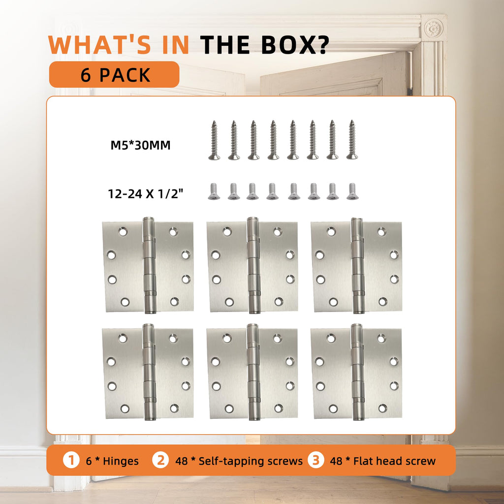 6-Pack 4.5 inch X 4.5 inch Heavy Duty Commercial Door Hinge Thickened