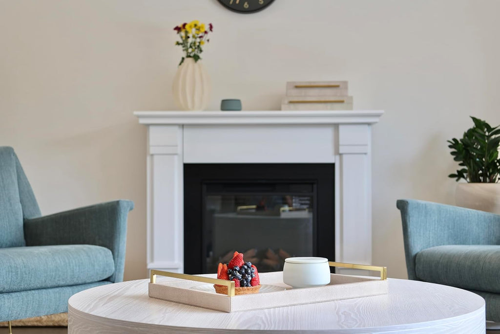 Ivory Shagreen Leather Serving Tray with Gold Handles-17.7x11.8 Inch Large Wooden Decorative Ottoman Tray fro Coffee