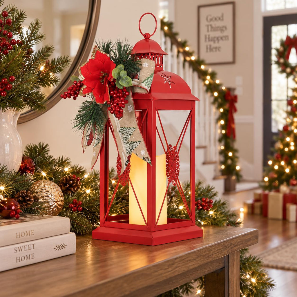 Christmas Decorations, 18" Metal Christmas Lantern with LED Candle and Floral Accents Decor, Decorative Hanging
