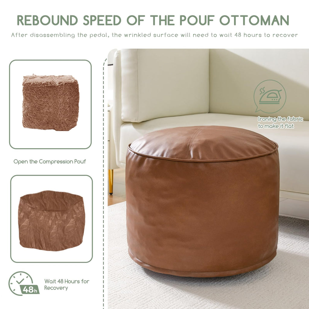 Round Stuffed Pouf Ottoman, Pu Leather Poufs with Foam Chunk Filling Foot Stool Storage Ottoman, 26 X 18 Floor Poufs