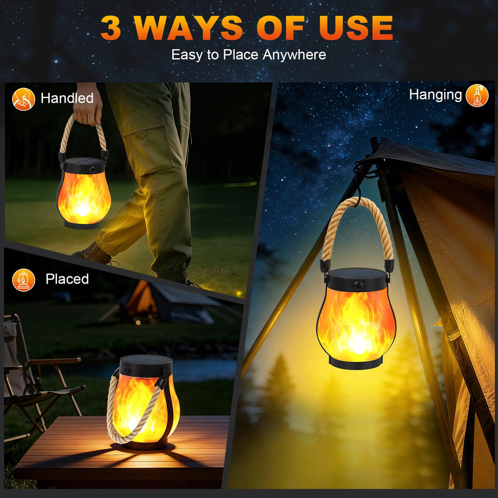Solar Lanterns Outdoor, Ultra-Realistic Flickering Flame, USB & Solar Charging, 2 Lighting Modes, Waterproof Hanging