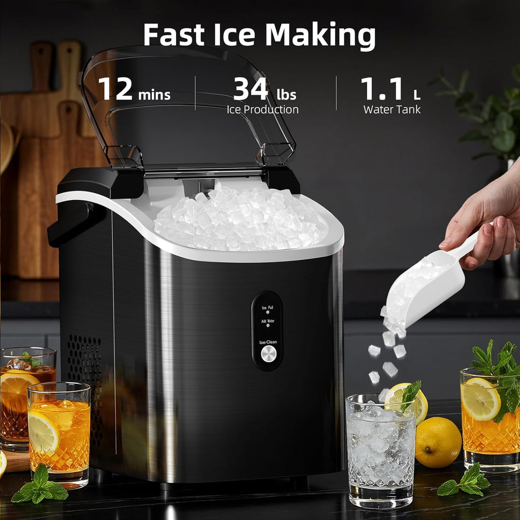 Nugget Ice Maker Countertop, 34Lbs/24H, Soft Chewable Ice, Self-Cleaning, Portable Ice Machine, Fast Making in 8
