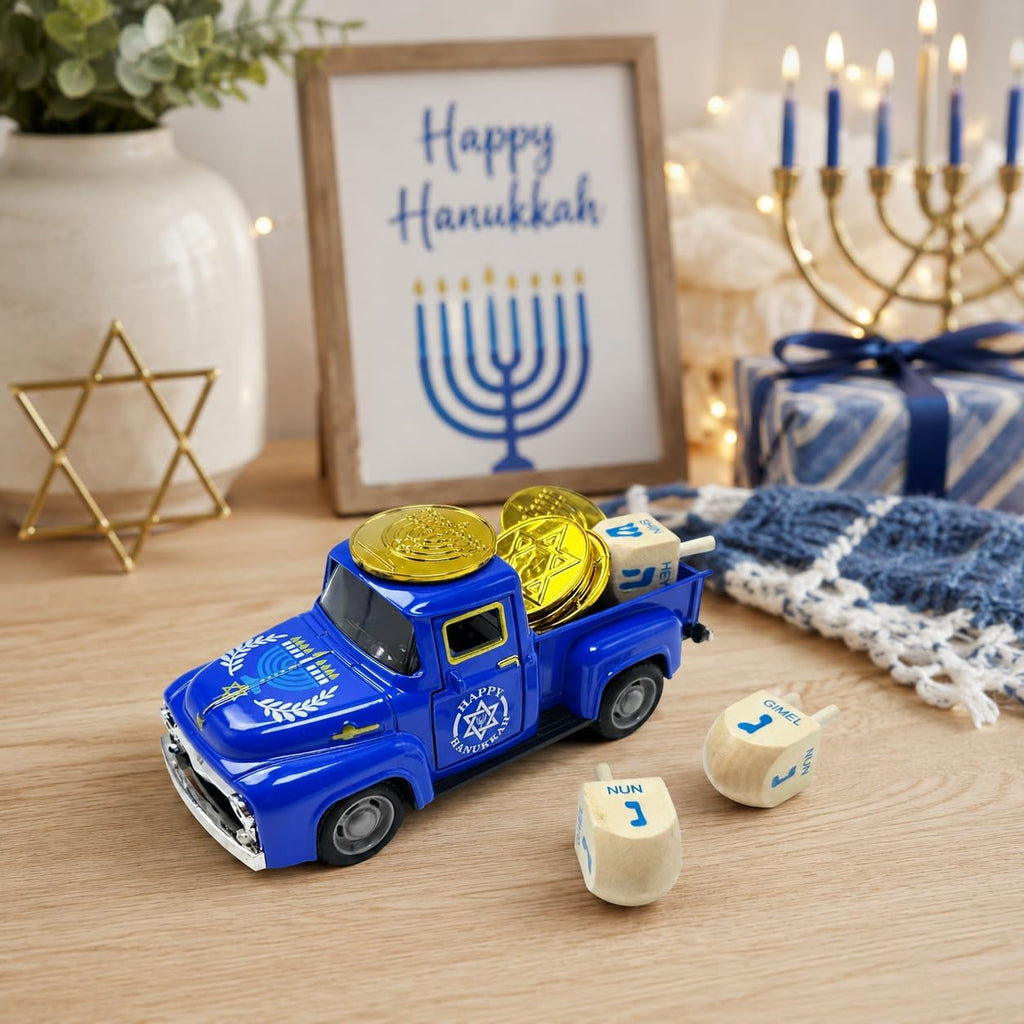 Hanukkah Truck Decor with 3 Wooden Dreidels and Gold Gelt Coins, 5.7-Inch