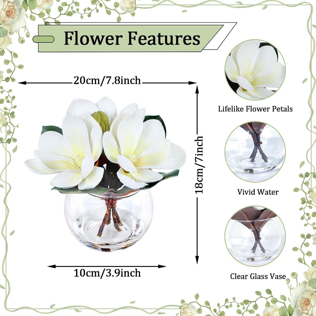 Artificial Magnolia Flowers with Vase White Fake Magnolia Flowers in Glass Vase with Faux Water Small Potted Flower