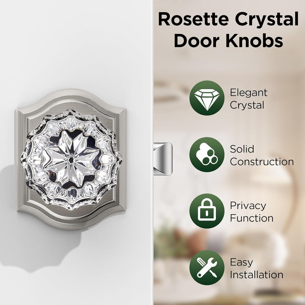 1 Pack Glass Door Knob, Rosette Shaped Crystal Door Knobs with Lock, Satin Nickel Door Knobs Interior Glass