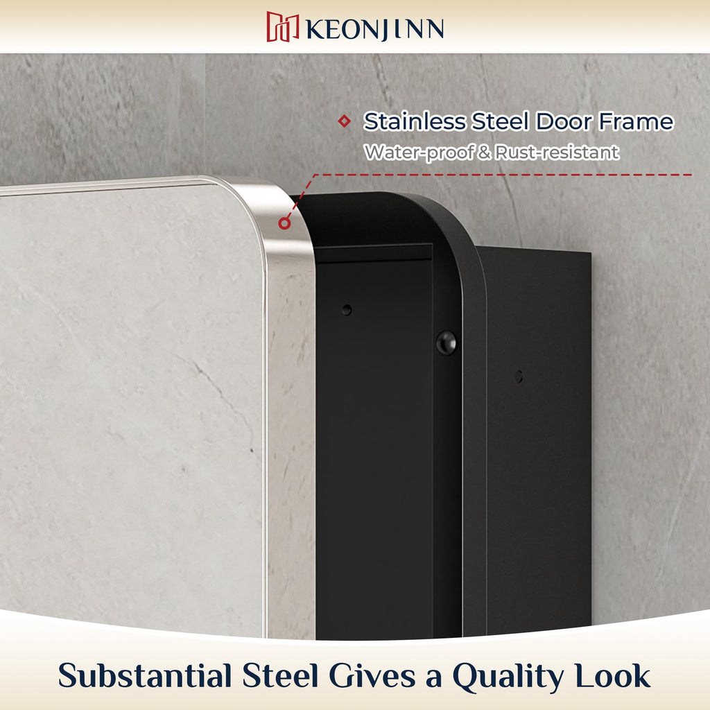 20 x 32 Inch Chrome Medicine Cabinets with Mirror Adjustable Shelves Stainless Steel Framed Rounded Rectangle Single