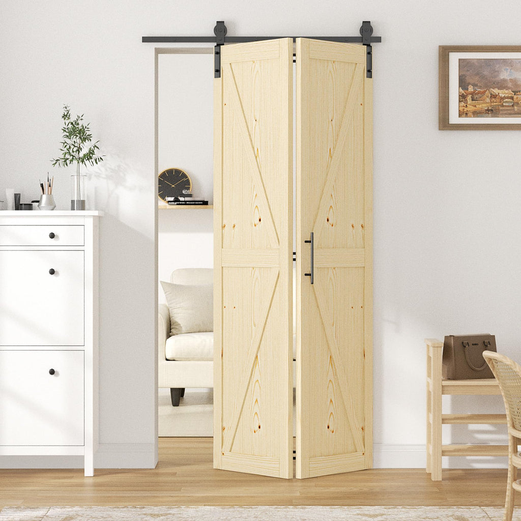 42in x 84in Bifold Barn Door with Hardware Kit, Unfinished Solid Pine Wood Folding Closet Door or Wardrobe, Assembly