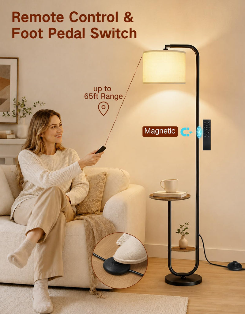 Floor Lamp with Table, Remote Control, Foot Switch, Dimmable Standing Lamp with 3 Color Temperatures, Rotatable