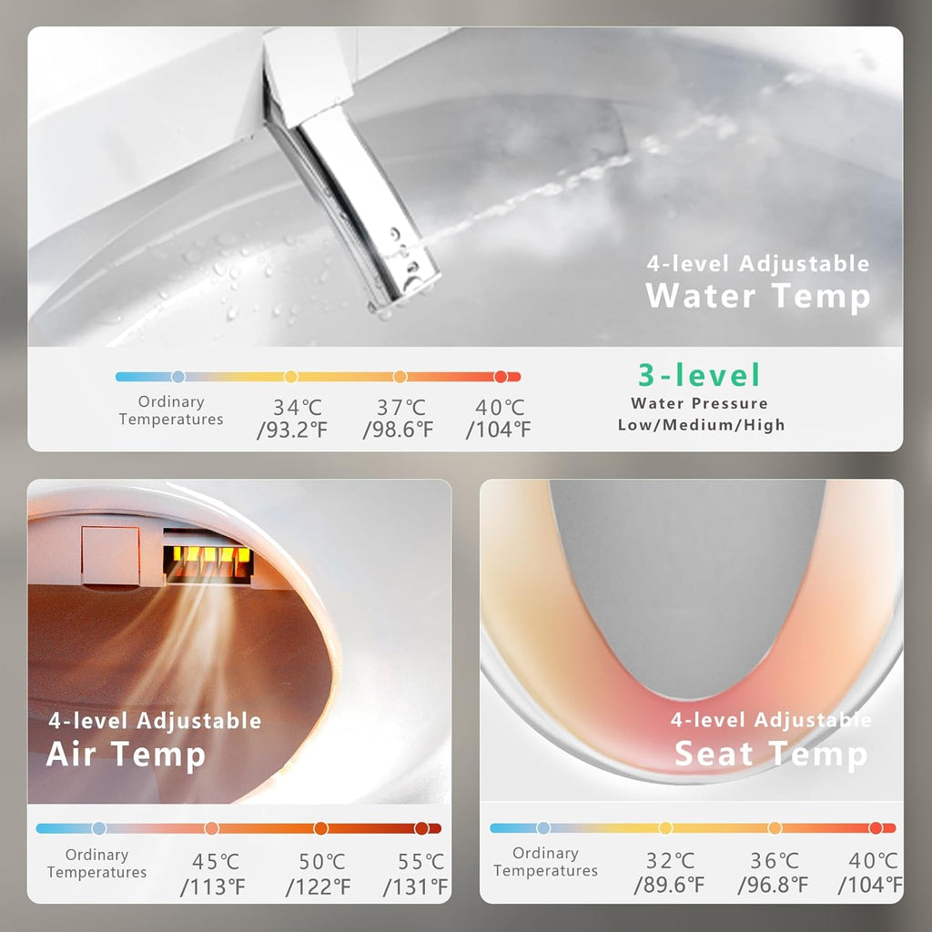 Elongated Bidet Toilet Seat with Warm Water, Warm Air Dryer, Heated Seat, Soft-Close Lid, Adjustable Temperature, Stainless Steel Nozzle
