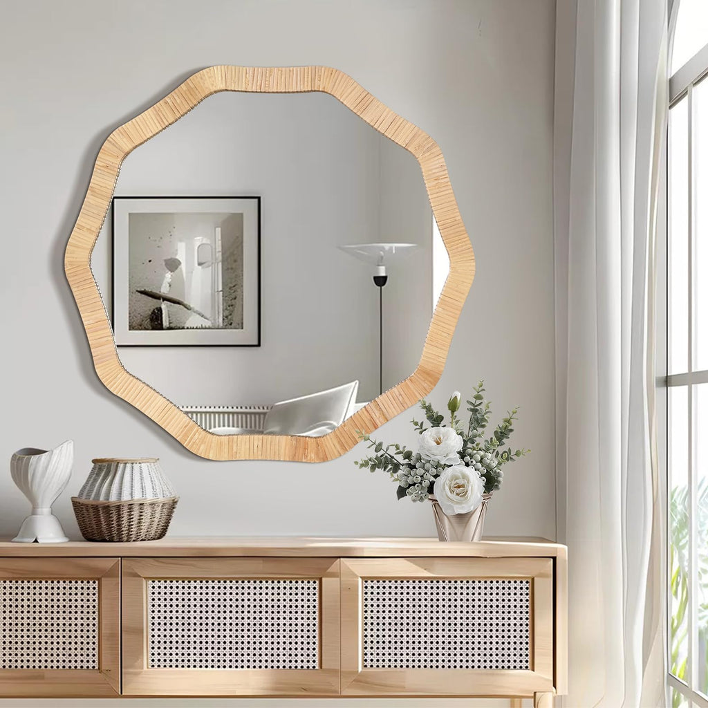 Rattan Wicker Bathroom Wall Mirror, 24 Inch Boho