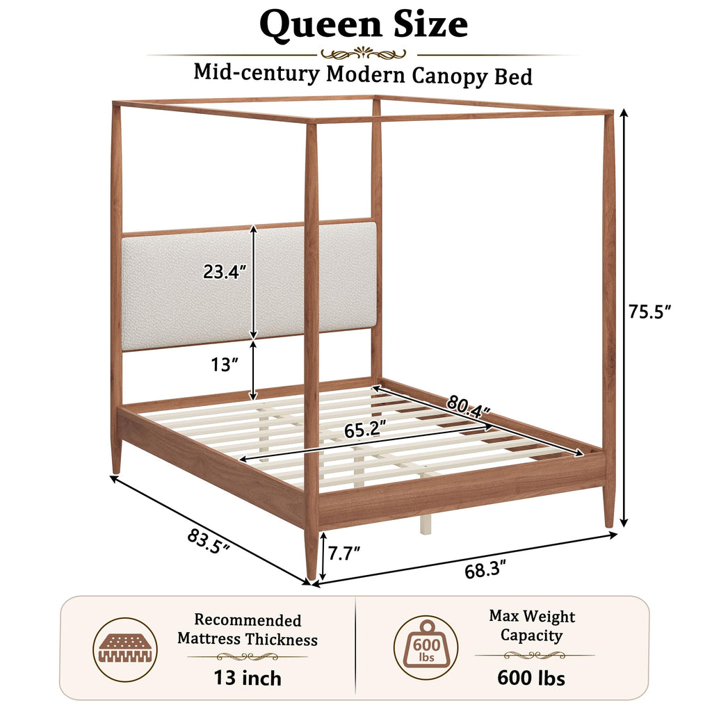 4-Poster Wood Canopy Bed with Boucle Headboard, Walnut