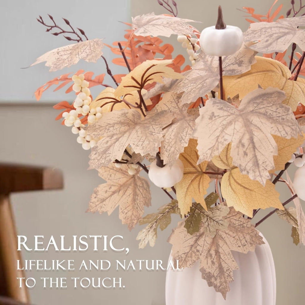 Fall Decor - Ceramic Pumpkin Vase with Autumn Maple Leaf Pumpkin Berry Stems - Table Centerpieces Thanksgiving - Set of 15