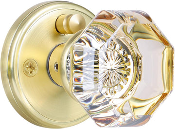 Champagne Glass Door Knobs Interior with Lock, Gold Satin Brass Crystal Privacy Octagon Door Knobs Bathroom
