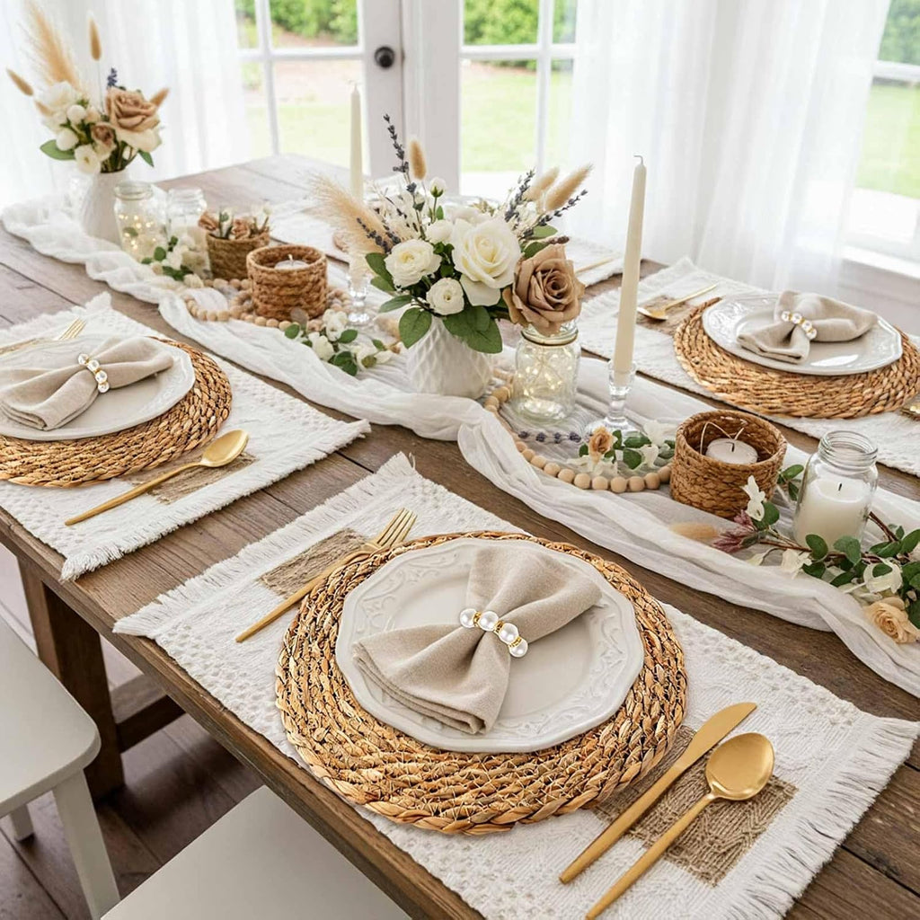 Sets Boho Placemats, Rattan Burlap Mats, Pearl Napkin Rings - Set of 6