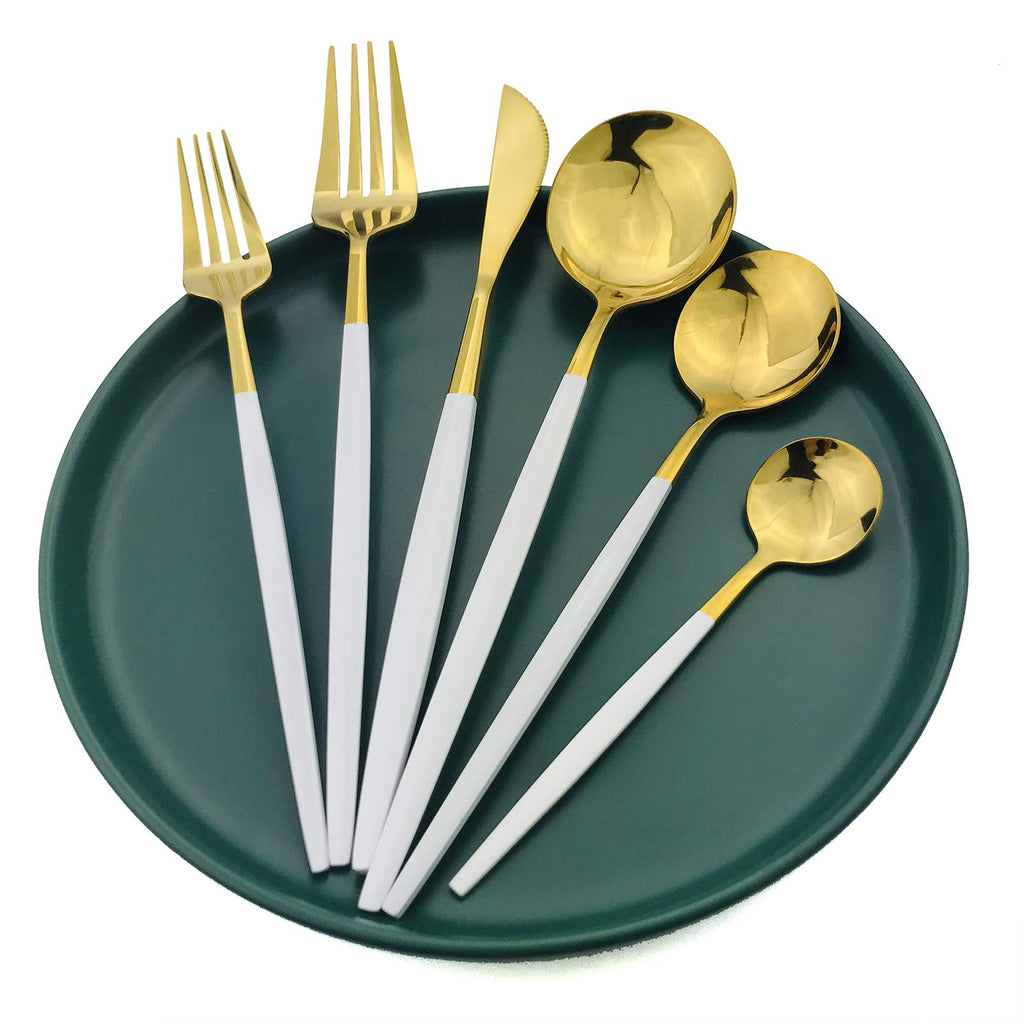 36-Pieces Silverware Mirror Polished Dinnerware Gold Flatware With White Handle, 18/0 Stainless Steel Cutlery Set