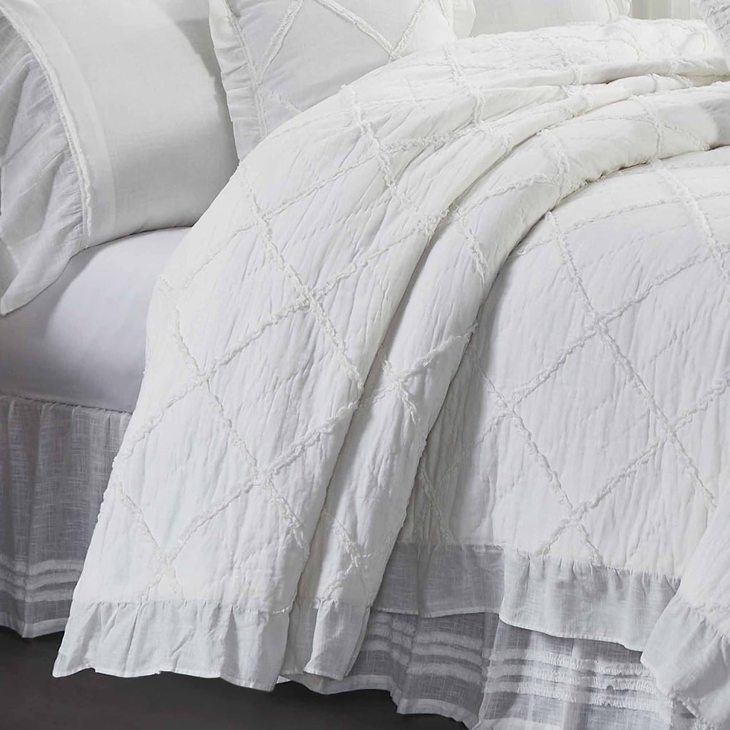 Kathryn California King Ruffled Bed Skirt w/a 16" Drop, Soft White Linen-Look Textured Fabric, Gathered Vintage