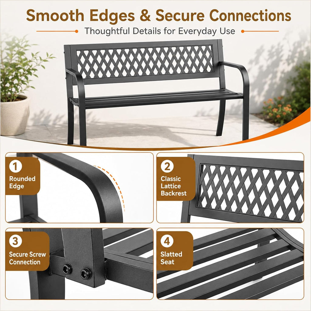 Garden Bench, Outdoor Metal Park Bench with Backrest and Armrests, 500 Lbs Static Load Tested, Black Patio Bench for