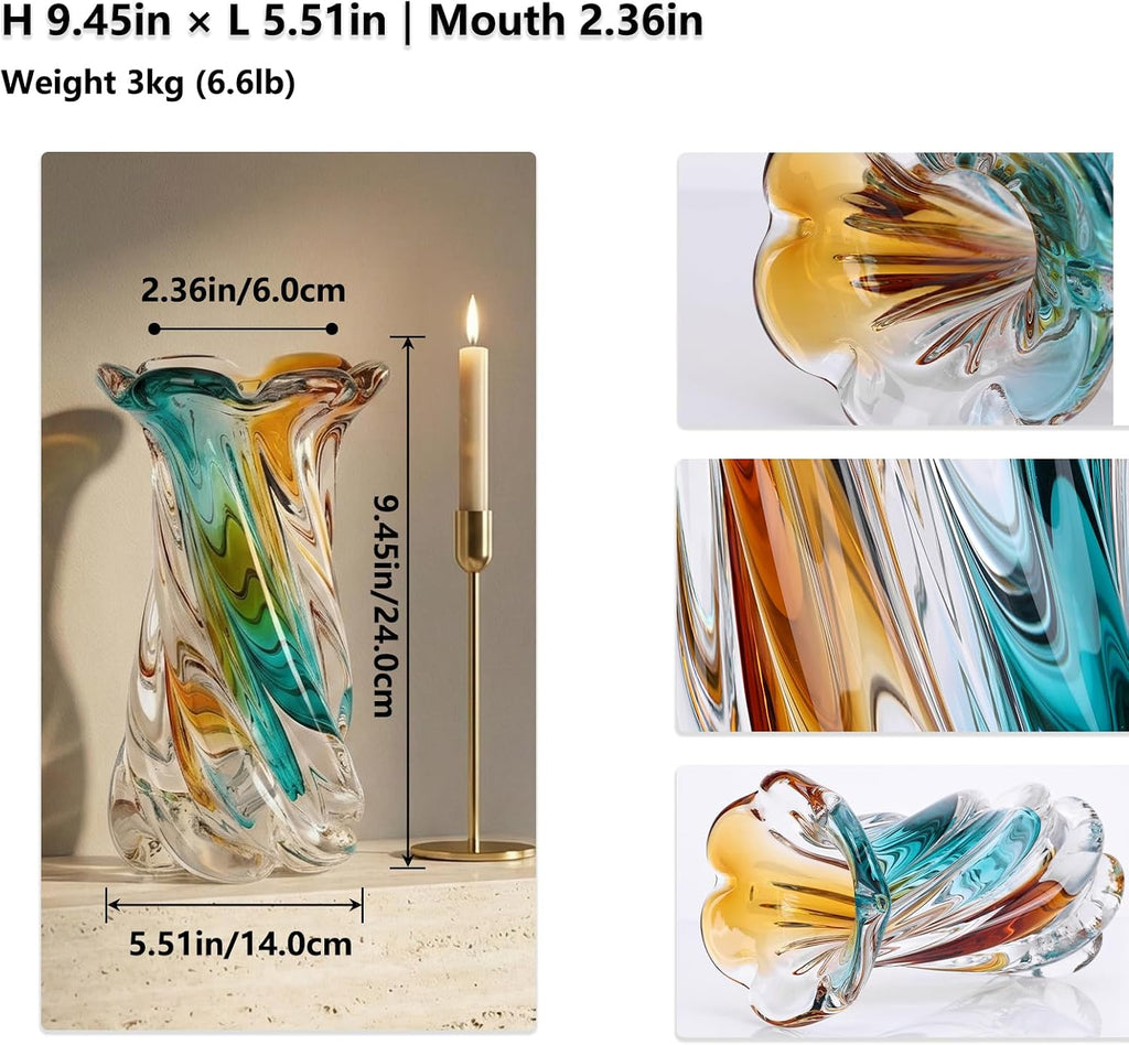 Hand Blown Glass Vase Clear, Beautiful Sea Glass Flower Vases for Bouquet