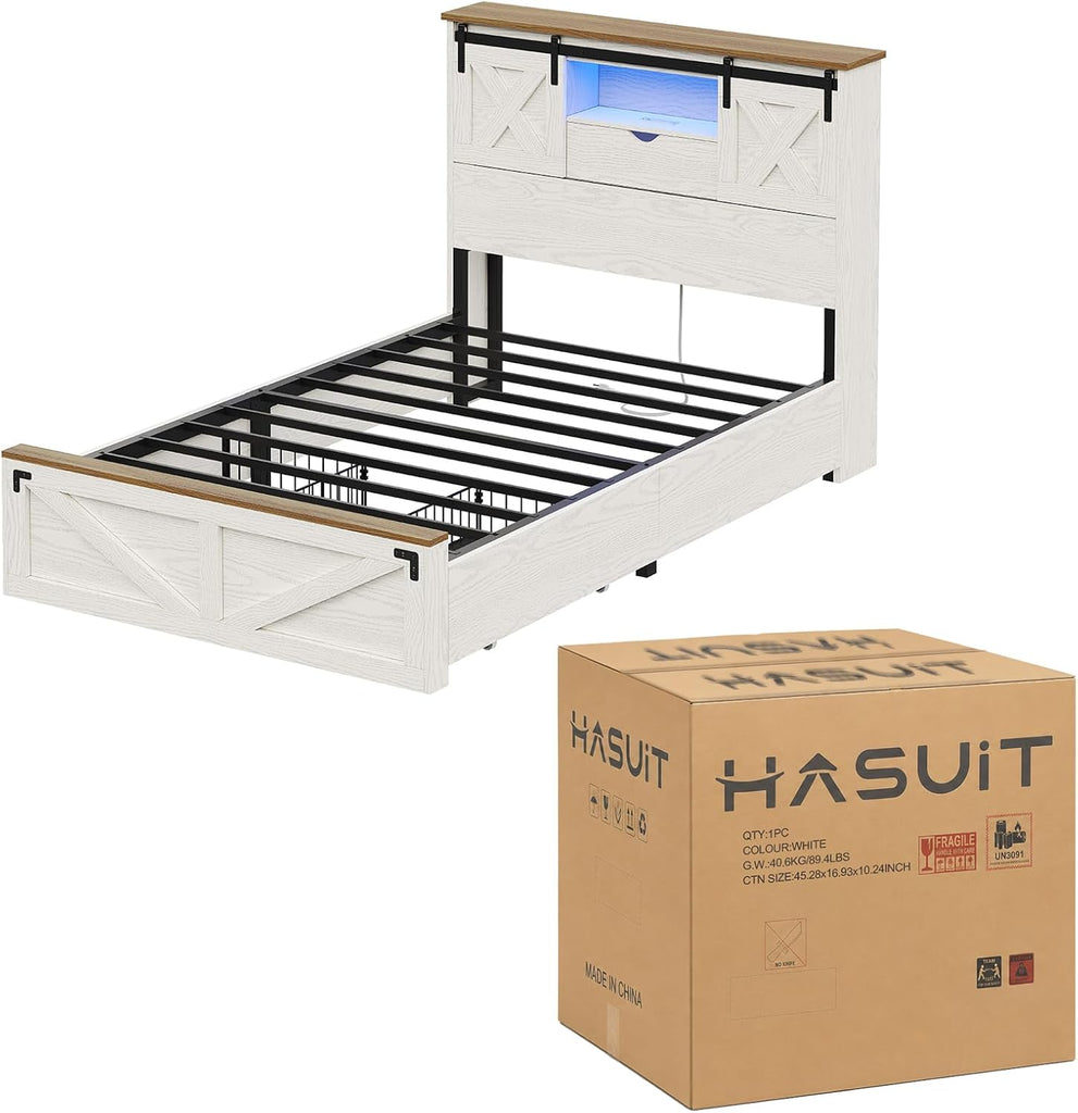 Farmhouse Bed Frame Twin with 2 Storage Drawers, Wooden Platform Twin Bed with LED Lights and Charging Station