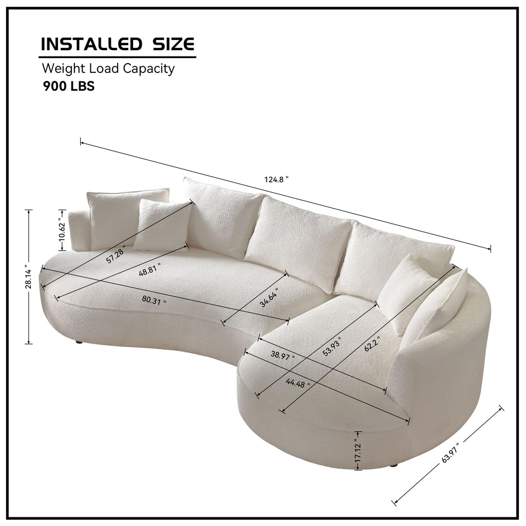 129" Luxury Curved Boucle Sectional Sofa with Right Chaise, Upholstered Modern Style Oversized 5-Seater Couch with