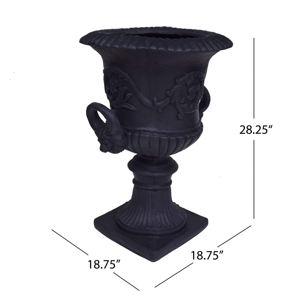 Great Deal Furniture Garden Urn Planter, Roman, Botanical, Black Lightweight Concrete