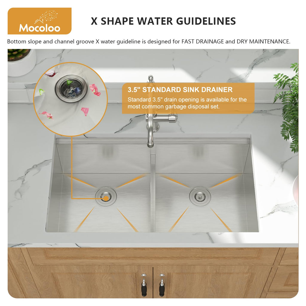 Double Bowl Kitchen Sinks - 50/50 Undermount Double Bowl 16 Gauge Low Divide Workstation 33 x 19 Inch Stainless Steel