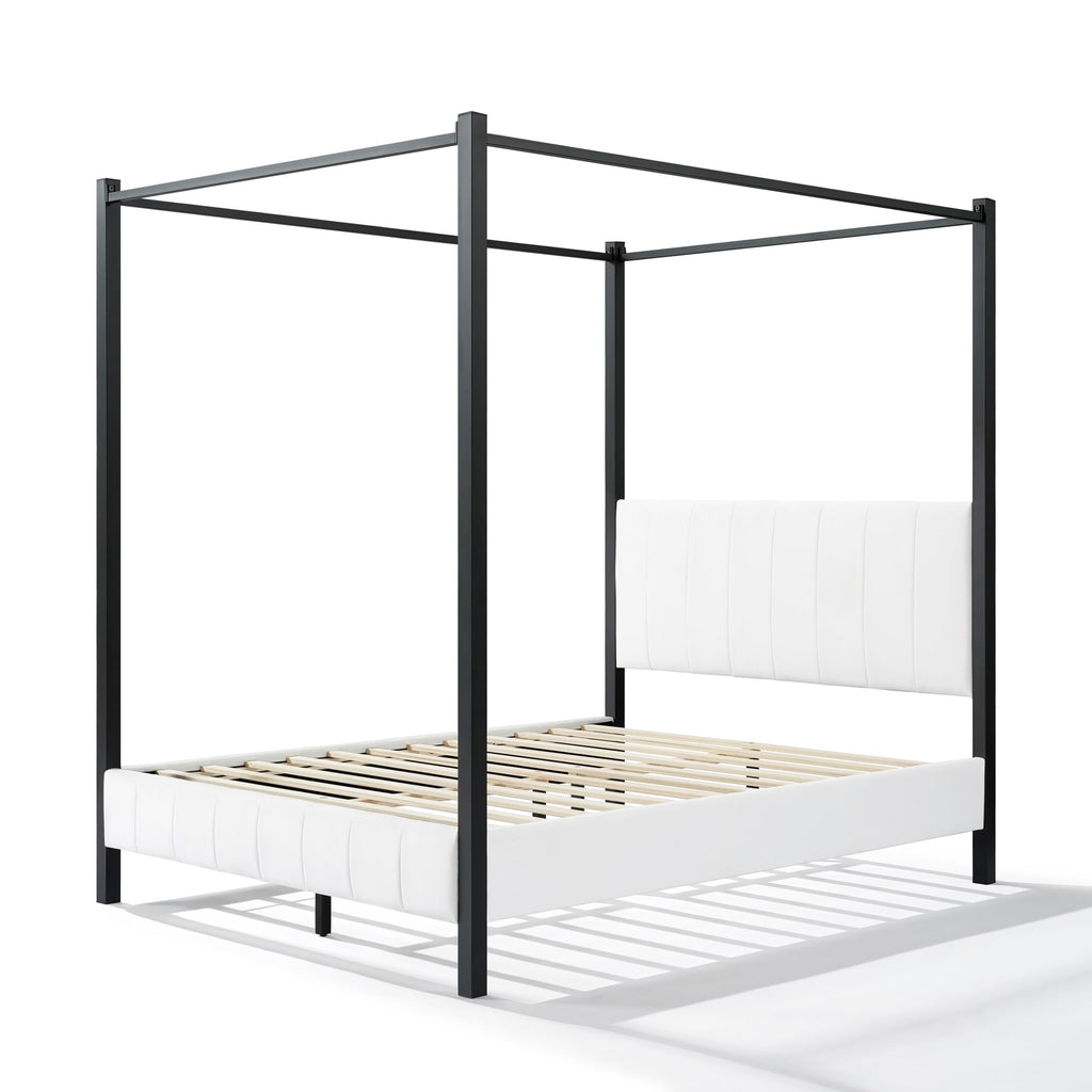 Queen Size Upholstered Canopy Bed Frame, Modern Luxury Channel-Tufted Headboard and Footboard, Platform Bed with 4
