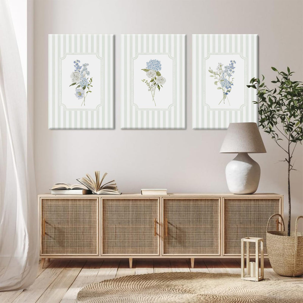 Blue Hydrangea Wall Art Floral Canvas Prints Sage Green Striped Wall Decor Botanical Pictures Chinoiserie Flower