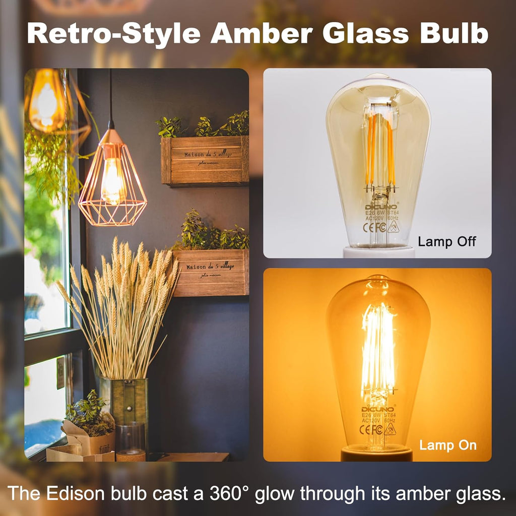 E26 Edison Bulbs 60W, 2200K Amber Warm, Amber Glass, 600LM, 6-Pack