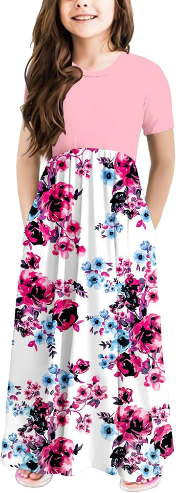 Girls Floral/Solid Maxi Dress Floor Length with Pockets Casual