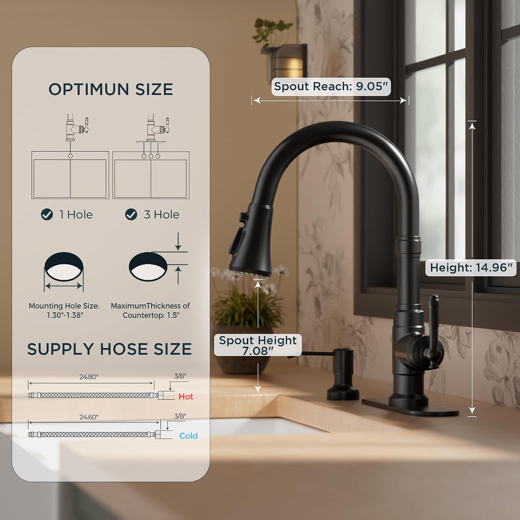 Vintage Kitchen Faucet with Soap Dispenser, Matte Black | High Arc Single Handle, Stainless Steel Sink Faucet with