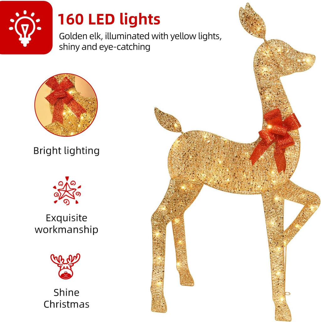 5 FT Oversized Christmas Decorations Outdoor Lighted Reindeer - 3-Piece 2D Deer Family Set with 160 Warm White LED