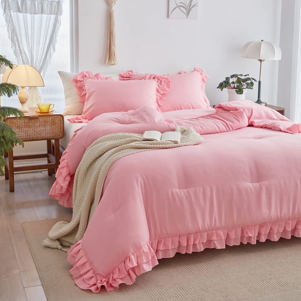 Pink Ruffle Comforter Set, 3 Pieces (1 Ruffled Comforter and 2 Pillowcases) Farmhouse Shabby Chic