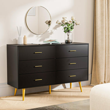 Black 6 Drawer Dresser, 47" Wood Dresser with Gold Handles