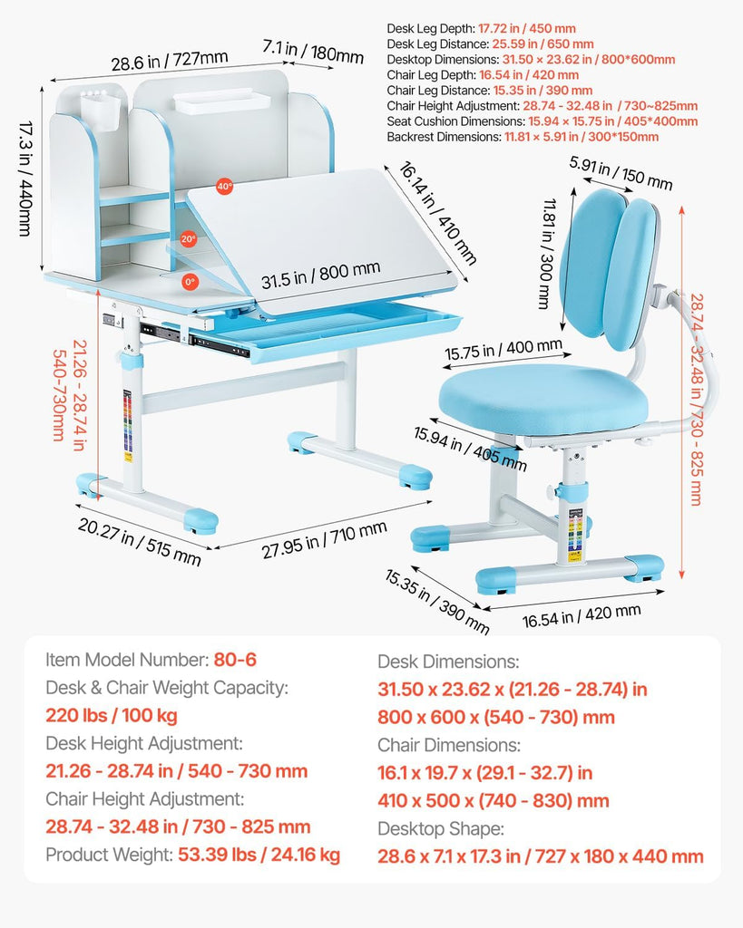 Kids Study Chair and Desk Set, Study Desk and Chair for Kids with Bookshelf & Storage Drawer, Adjustable Height &